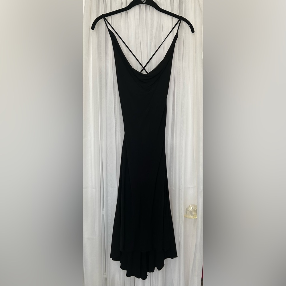 Sleek Black Cowl Slip Dress with Crisscross Back
